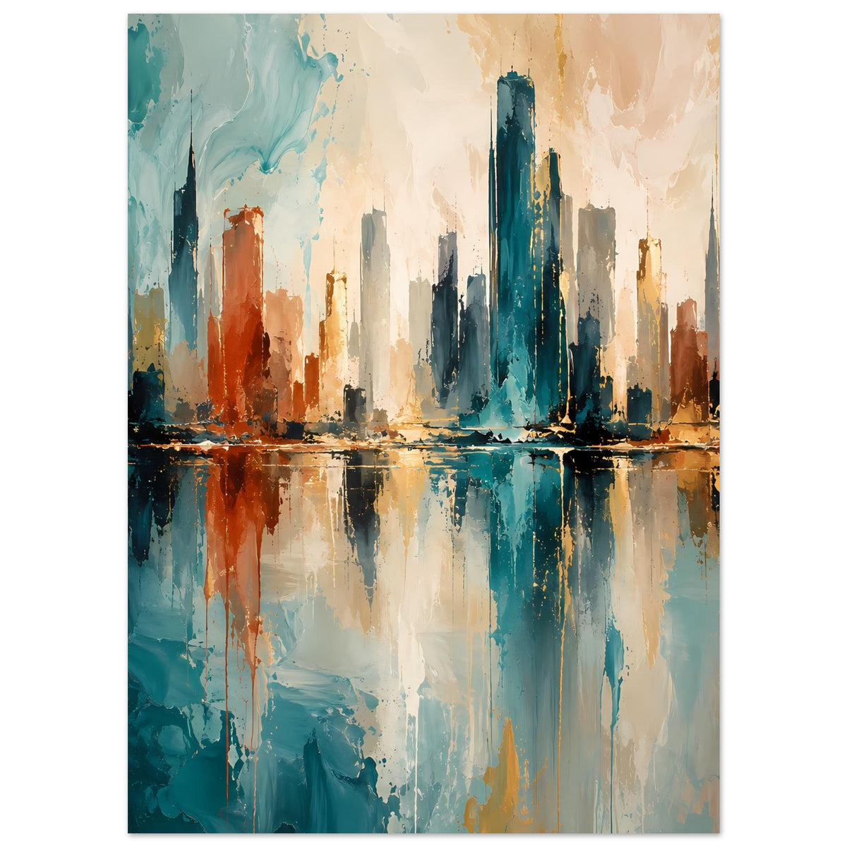 Abstraktes Skyline-Poster mit breiter Skyline und Spiegelung in Blau, Gold und Rost