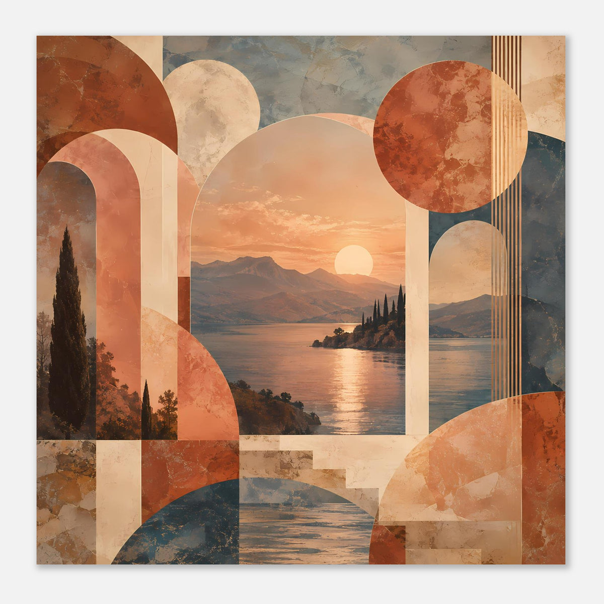 Abstraktes Poster mit Sonnenuntergang, warmen Erdtönen und geometrischen Rahmenformen
