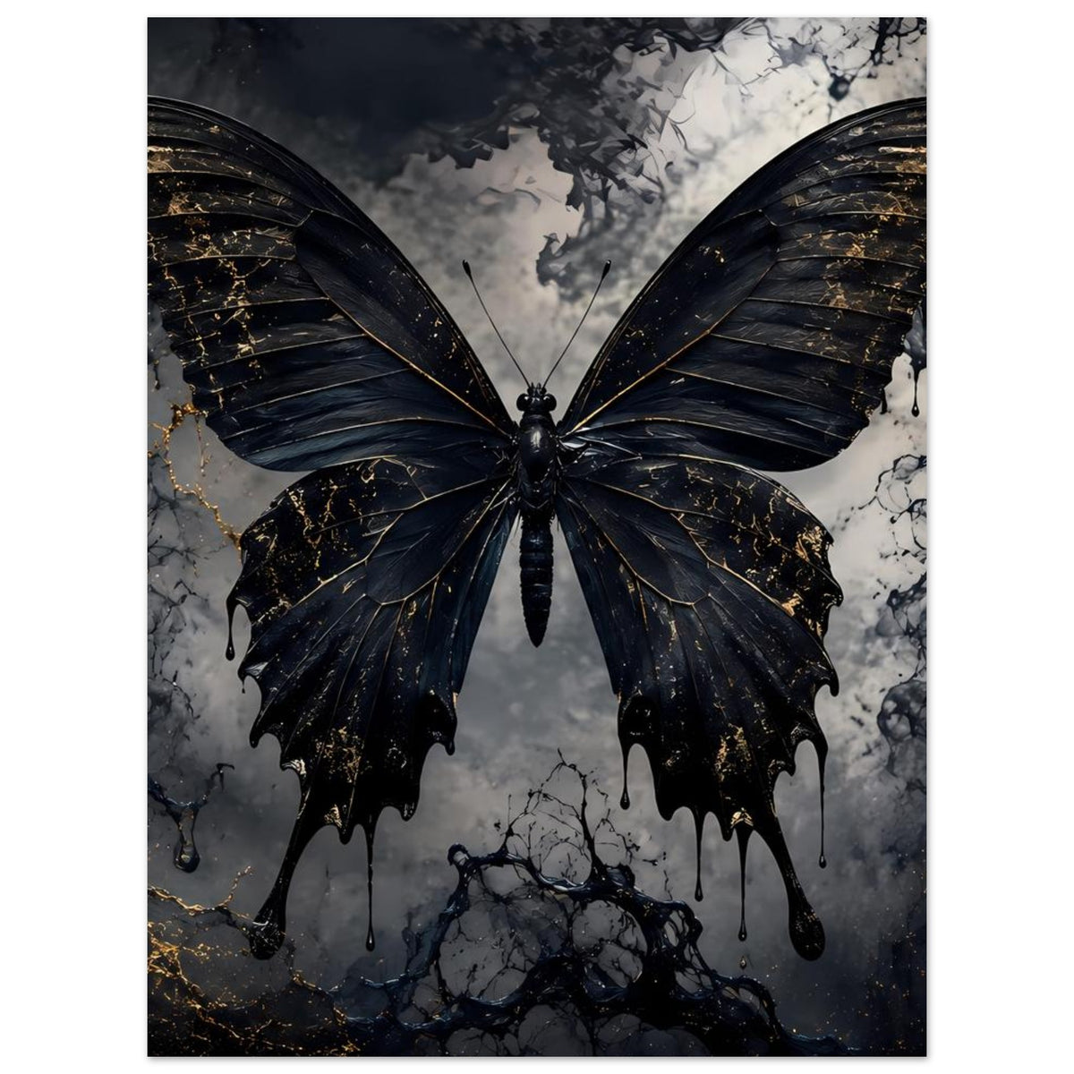 Poster mit großem schwarzem Schmetterling, goldenen Adern und geöffneten Flügeln, zentriert