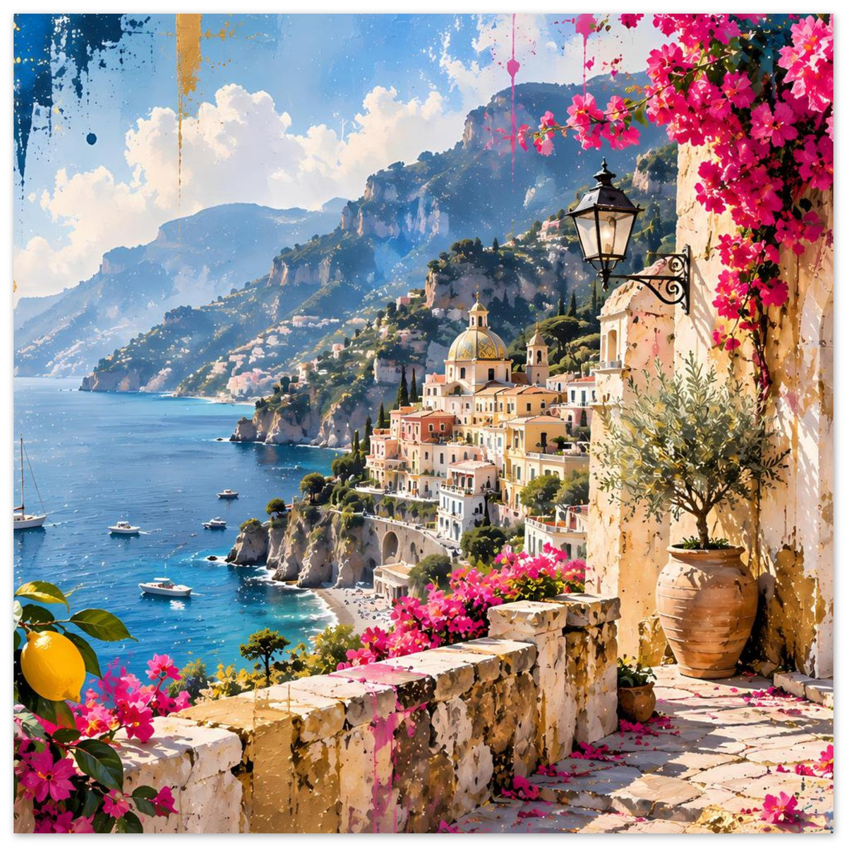 Horizontales Poster: Küstenblick mit weißen Häusern, rosa Blüten, Laterne und Blumentöpfen