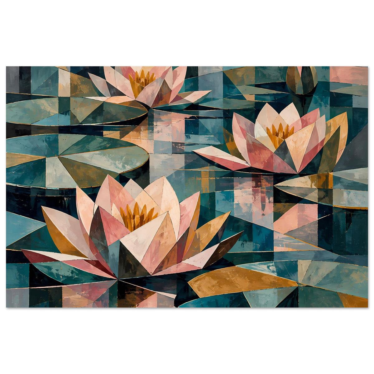 Geometrisches Seerosenblumenposter, pastellrosa und petrolfarbene Flächen, Seerosen, Querformat