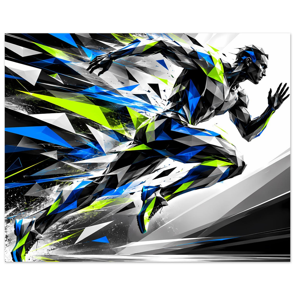 Laufkunst-Poster, Querformat, abstrakte Lauffigur in Blau und Neon-Grün