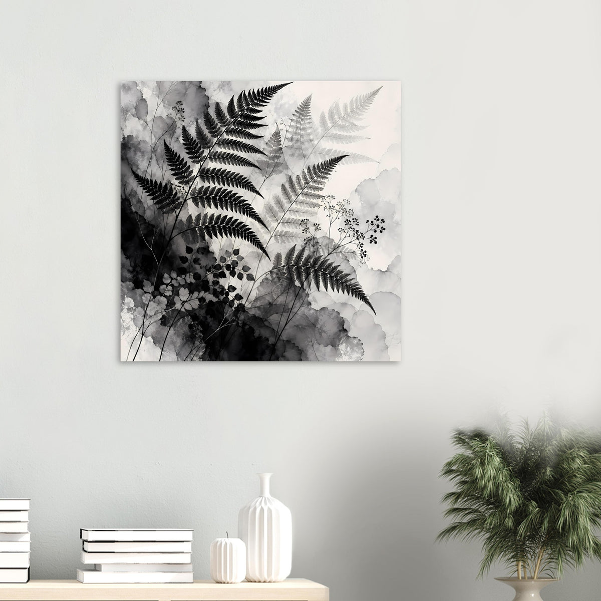 Botanisches Kunstposter mit Farnwedeln und Blütenzweigen, Schwarzweiß, horizontal