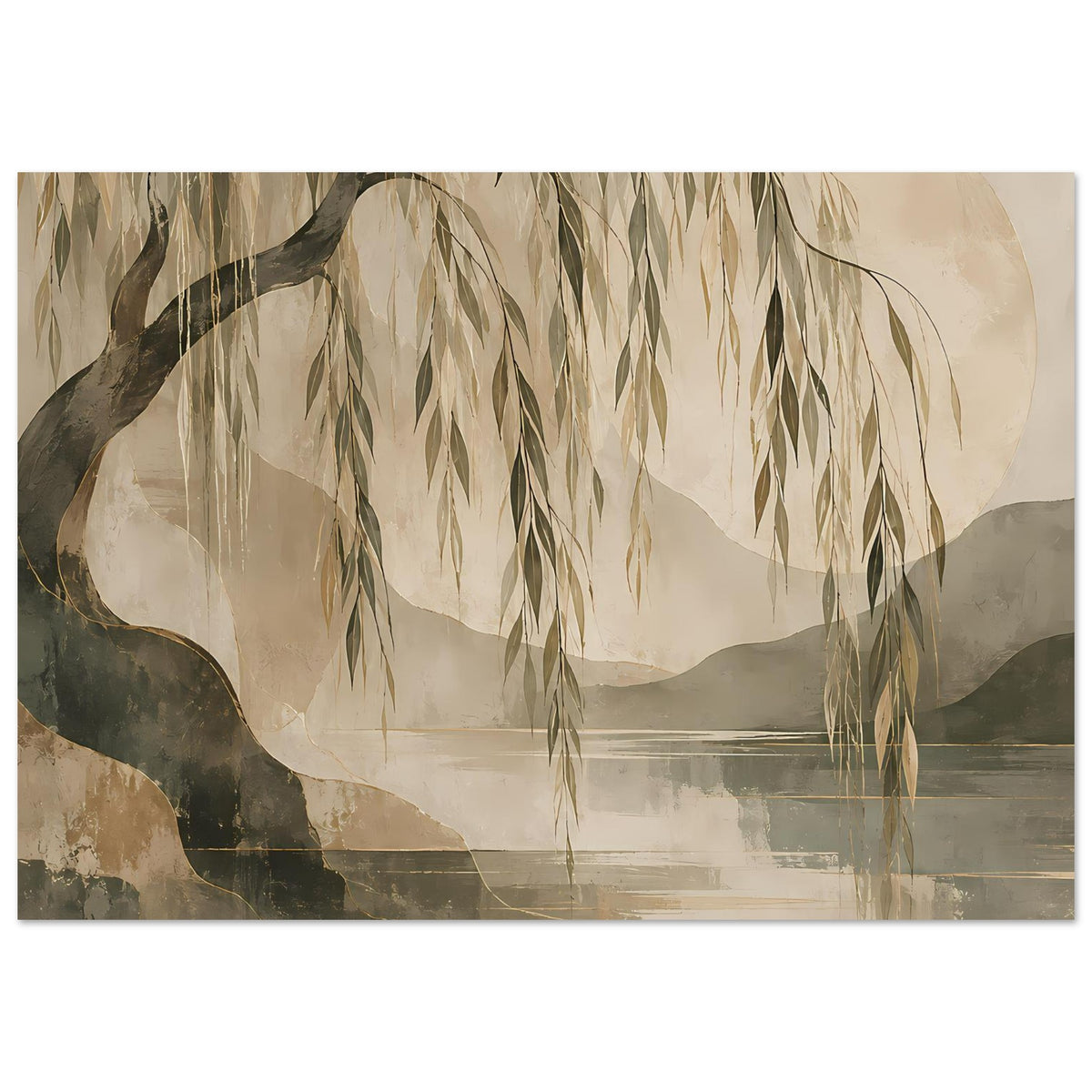 Artposter im Querformat mit Weidenzweigen, Berglandschaft und Wasserfläche in Erdtönen