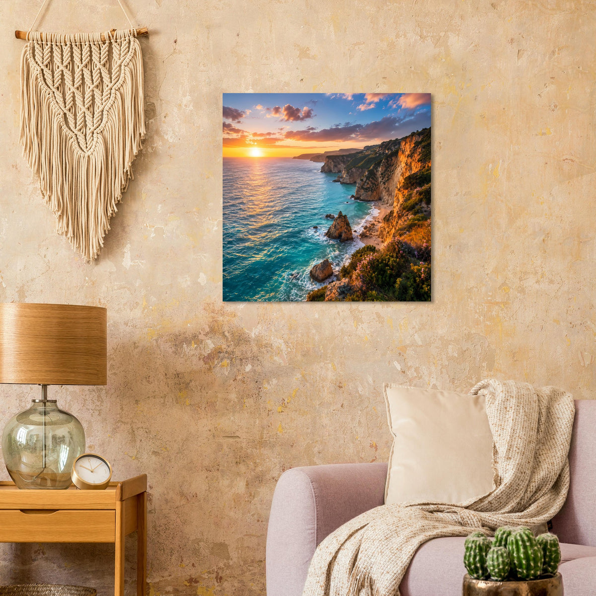 Gerahmtes Wandposter mit Blick auf die Küste: Sonnenuntergang, Felsen im Meer, türkisblau.