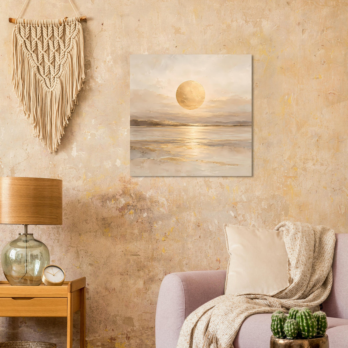 Kunstposter mit goldener Kreis-Sonne über Meereslinie und Pastellhimmel