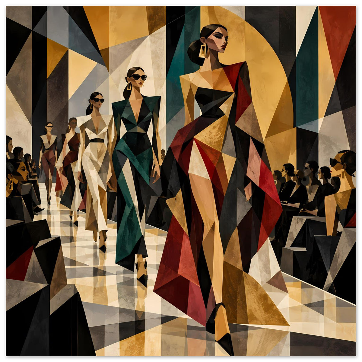Fashion-Poster mit geometrischem Laufstegmotiv: Modelle in Gold-, Grün- und Rottönen