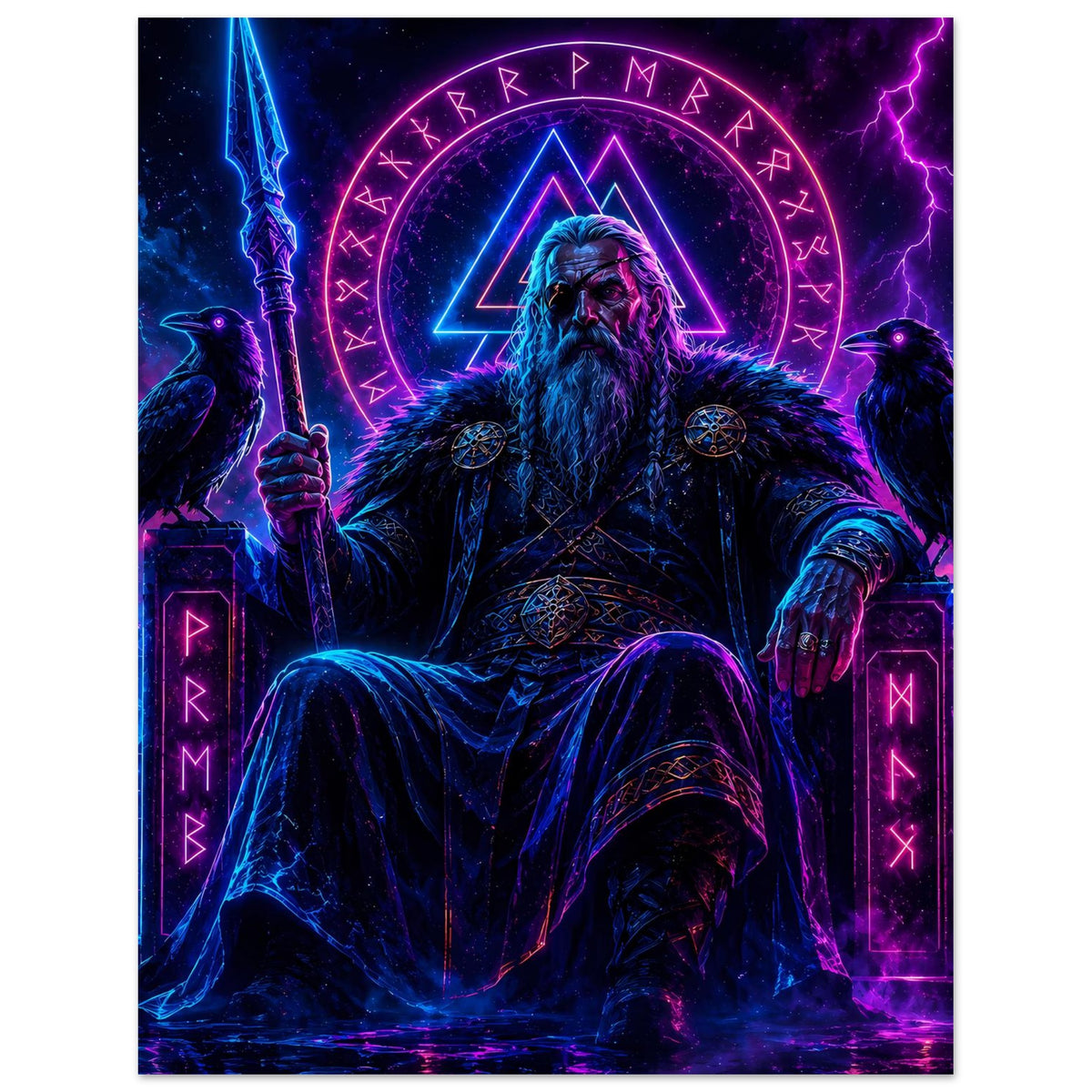 Nordisches Fantasy-Poster: Wikingerkönig im neonblauen Licht, Runensiegel, Schwert, Raben.