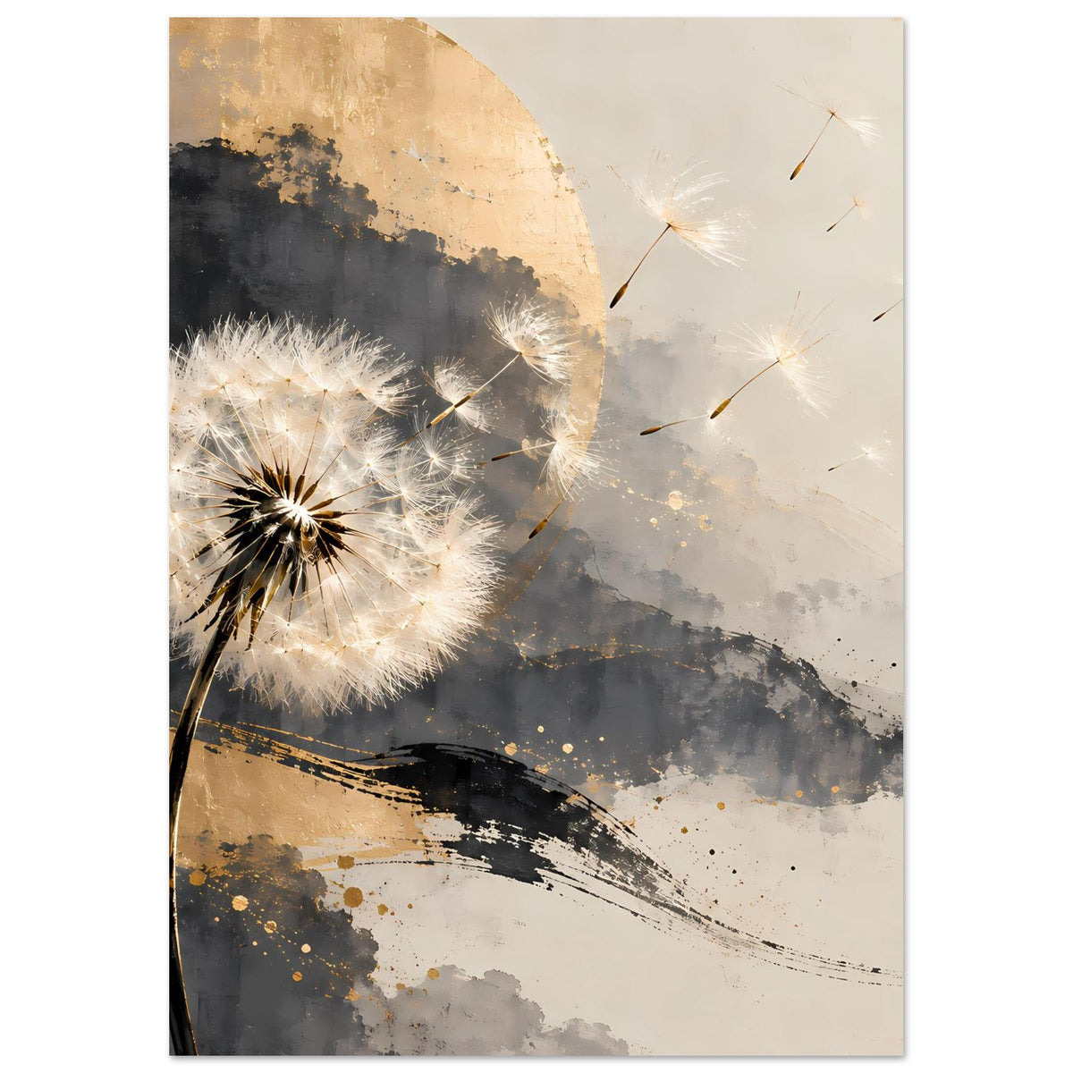 Kunstposter mit Pusteblume, dunklen und warmen Goldtönen, abstraktem Wolkenhintergrund