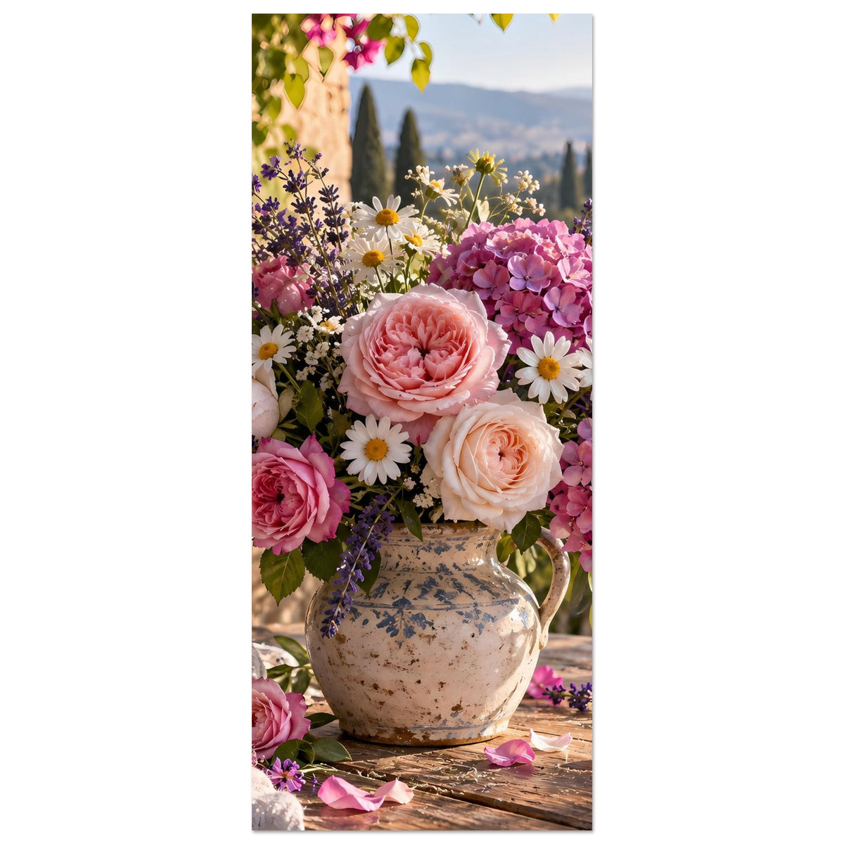 Poster im Hochformat mit Blumenstrauß in Keramikvase, Rosen und Hortensien