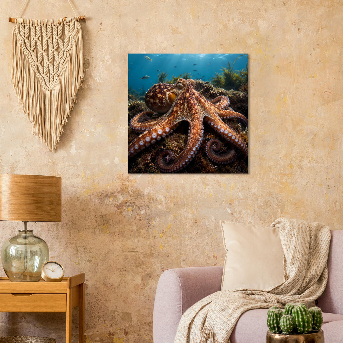 Oktopus-Unterwasserposter mit braunem Oktopus und blauem Meerhintergrund