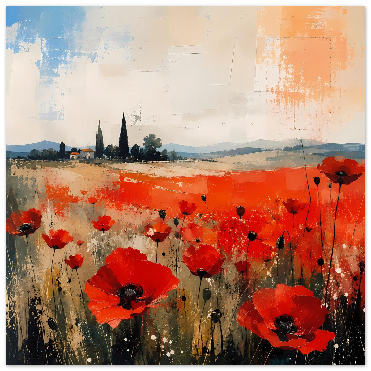 Poster mit roten Mohnblüten, abstrakte Landschaft mit hellblauen und beigen Partien