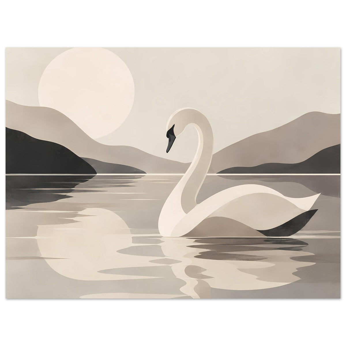 Kunstposter mit weißem Schwan, minimalistischer See mit horizontalen Linien