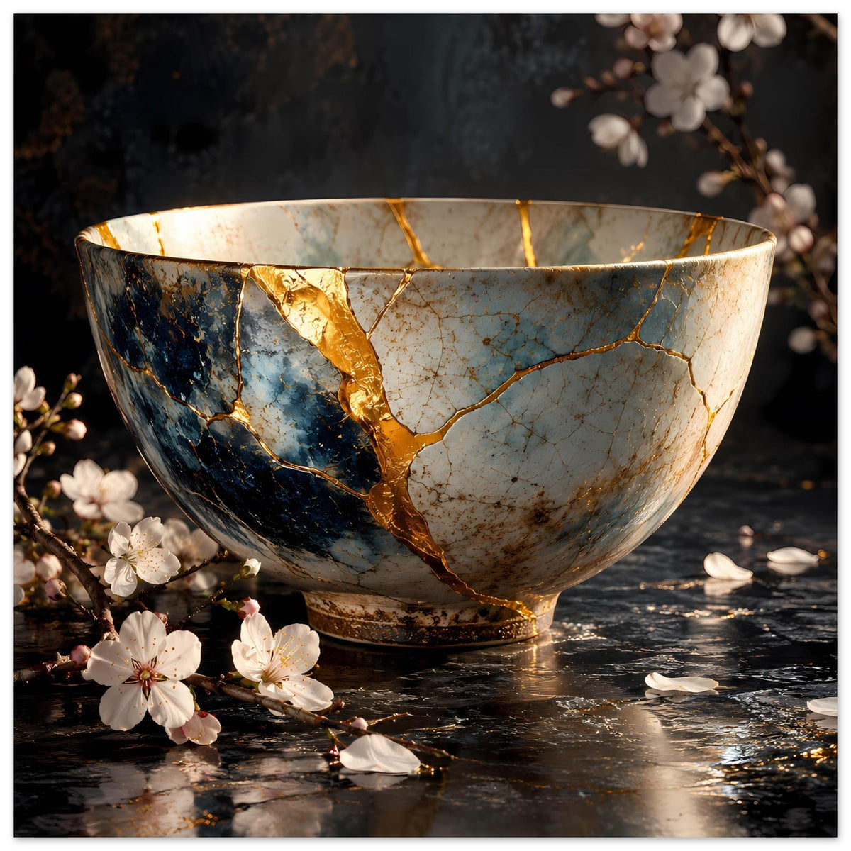 Poster mit Kintsugi-Schale: goldene Naht, blau-cremefarbenes Sprungmuster, Blüten an der Seite