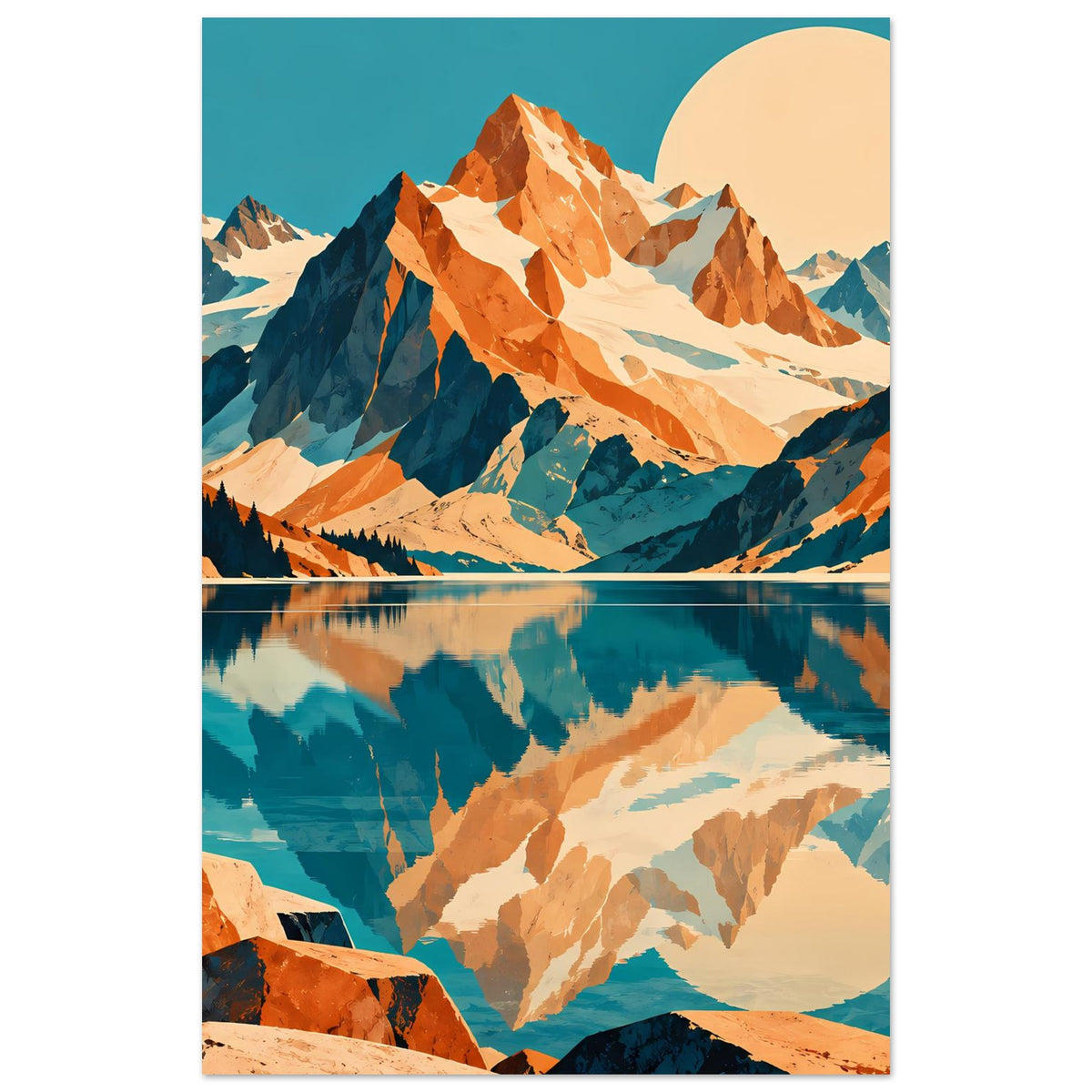 Naturposter im Hochformat: Berge mit See-Spiegelung, blau-orange Farben, rundes Himmelssymbol
