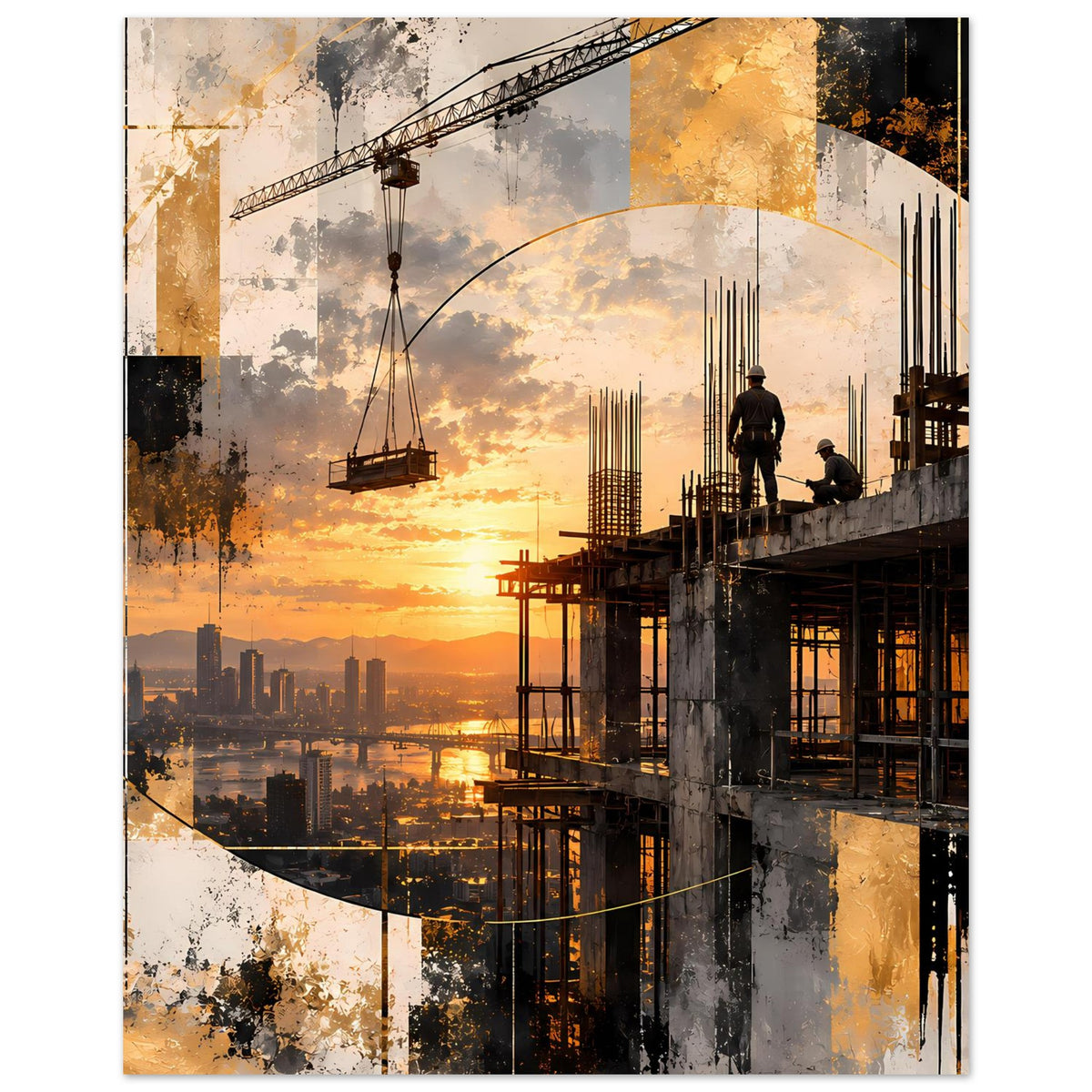 Abstraktes Baukunst-Poster mit Sonnenuntergang, Baustelle mit Hängekran