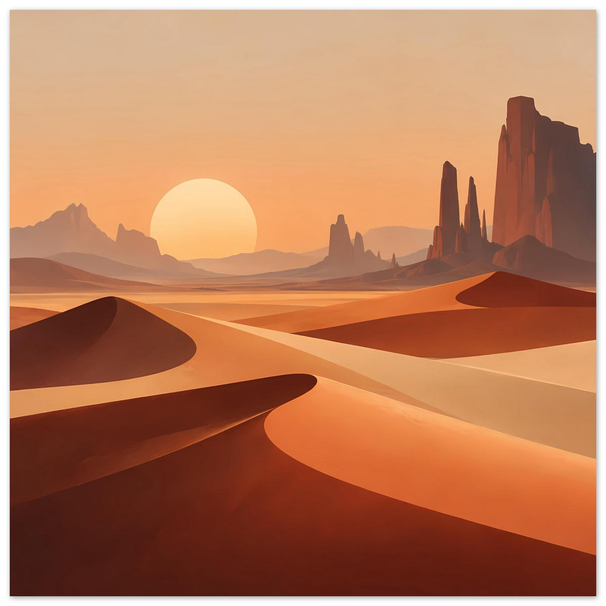 Horizontales Poster mit Dünenkurven und Felszinnen, orangefarbene Sonne am Horizont.