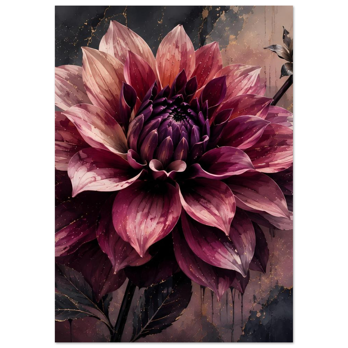 Dahlienposter in dunklen Violetttönen mit goldenen Adern und schräg sichtbarer Blüte