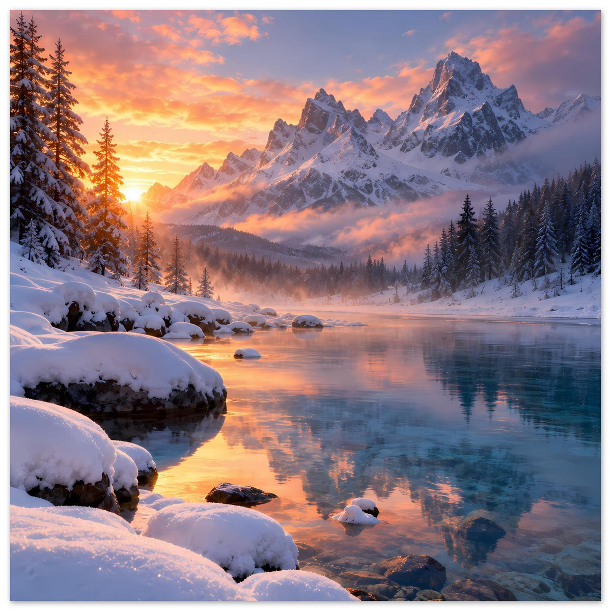 Winterlandschaft-Poster mit verschneiten Bäumen, Bergen und Sonnenaufgang über dem Fluss, Querformat