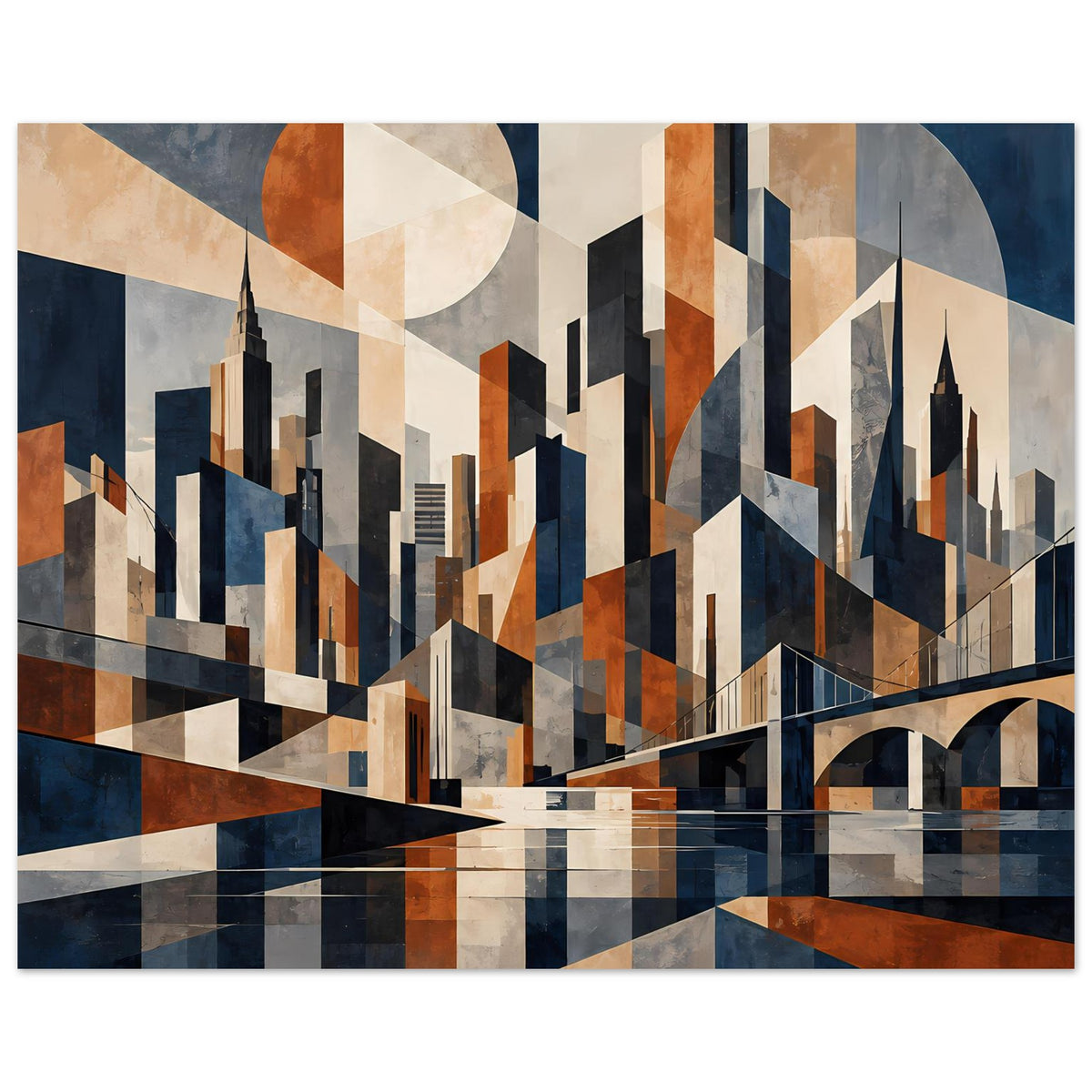 Poster zeigt abstrakte City-Silhouette mit Türmen, Linien und Kreissegmenten in Marineblau