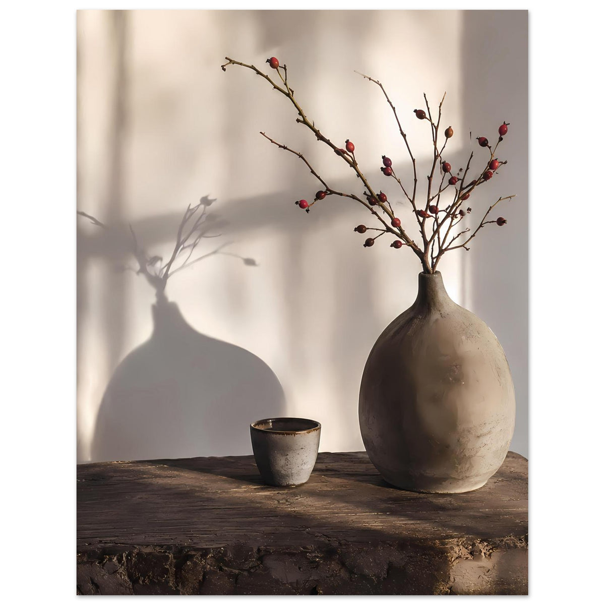 Still-Life-Poster mit großer Keramikvase, Beerenzweigen und kleinem Becher auf Holzfläche