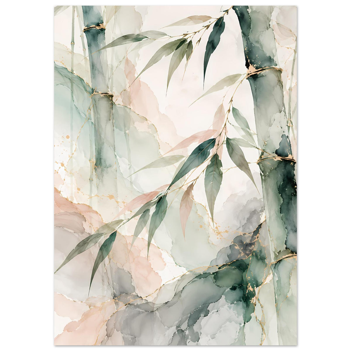 Naturposter mit Aquarell-Bambus, grünen Blattzweigen und hellen Creme-, Grau- und Beigetönen