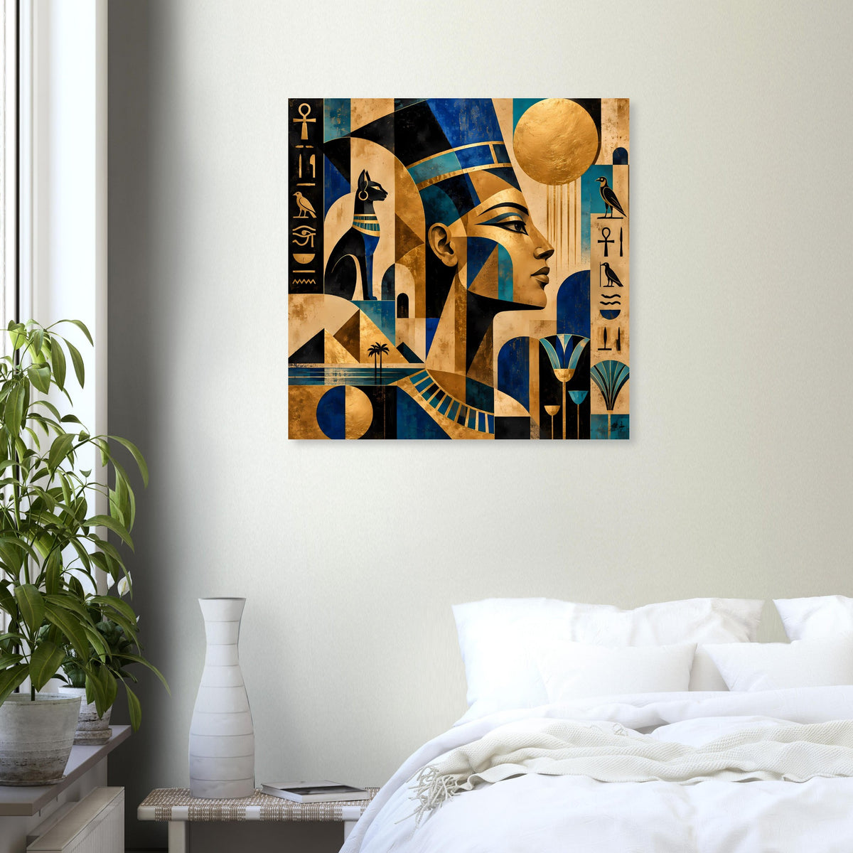 Quadratisches Wandposter mit ägyptischem Frauenprofil und Hieroglyphen in Blau und Gold
