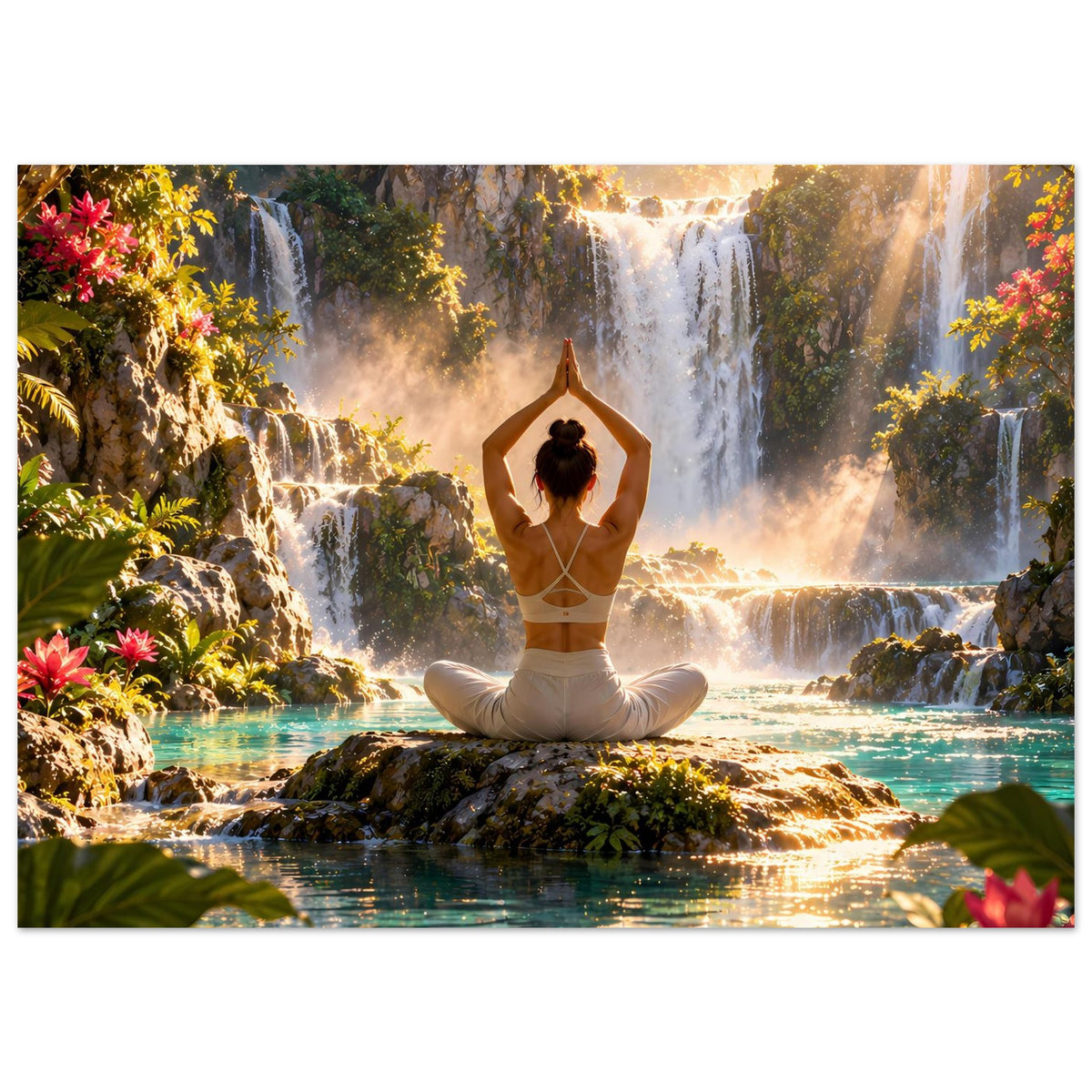 Yoga-Meditationsposter mit Frau im Lotussitz vor Wasserfall und bunten Blumen