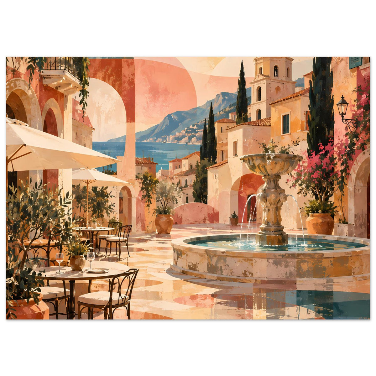 Poster im Querformat mit mediterranem Innenhof, Brunnen und Tischen in Pastellfarben
