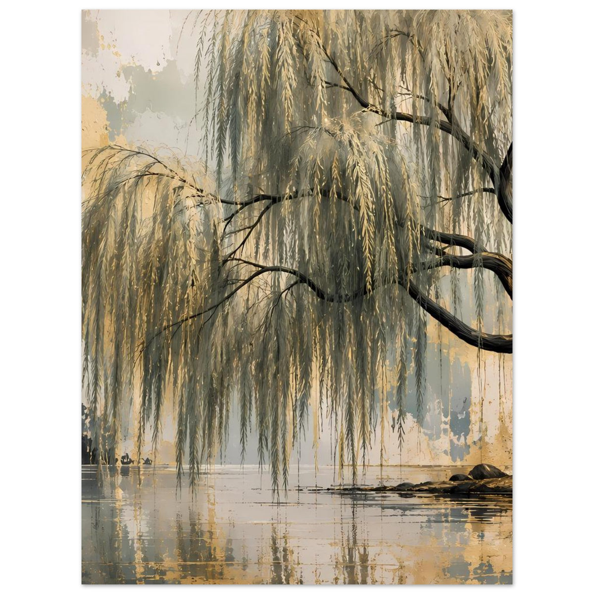 Wandposter mit Weidenbaum über stiller Wasserfläche, goldene und blaue Farbflächen, Detailschwarz.