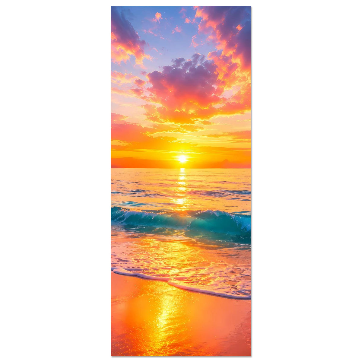 Strandposter im Hochformat: Horizontsonne, Wellenkamm mit Schaum und goldener Lichtspur.