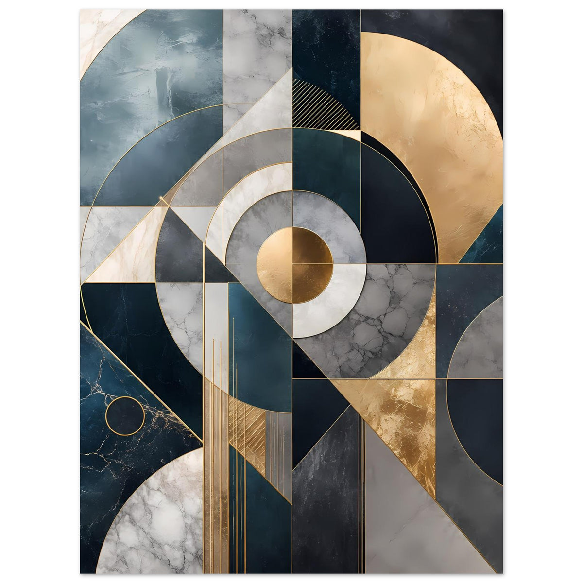 Abstraktes geometrisches Kunstposter mit goldenen Elementen, Kreisringen und Linien in Blau/Grau