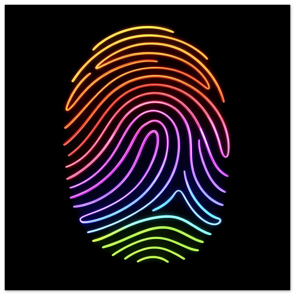 Neon-Fingerabdruckposter mit regenbogenfarbenen Linien auf dunklem Hintergrund, quadratisch