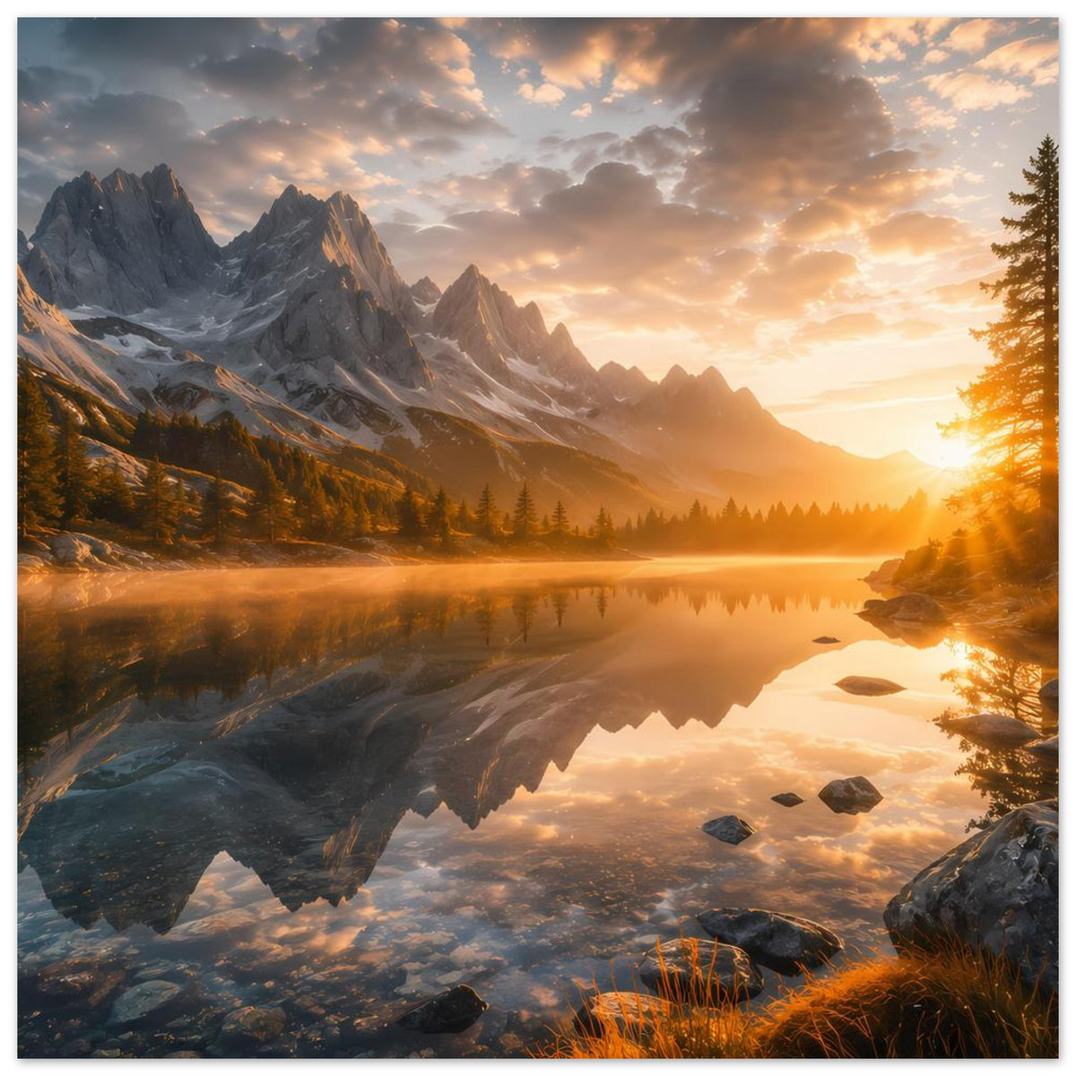 Landschaftsposter: Berge mit Seeufer, spiegelnde Wasseroberfläche bei Sonnenaufgang