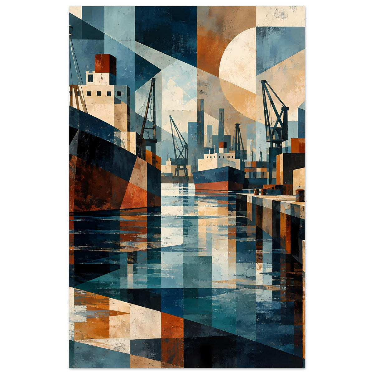 Geometrisches Hafenposter mit Docks und Kranen, Wasserfläche in Blau- und Ockertönen