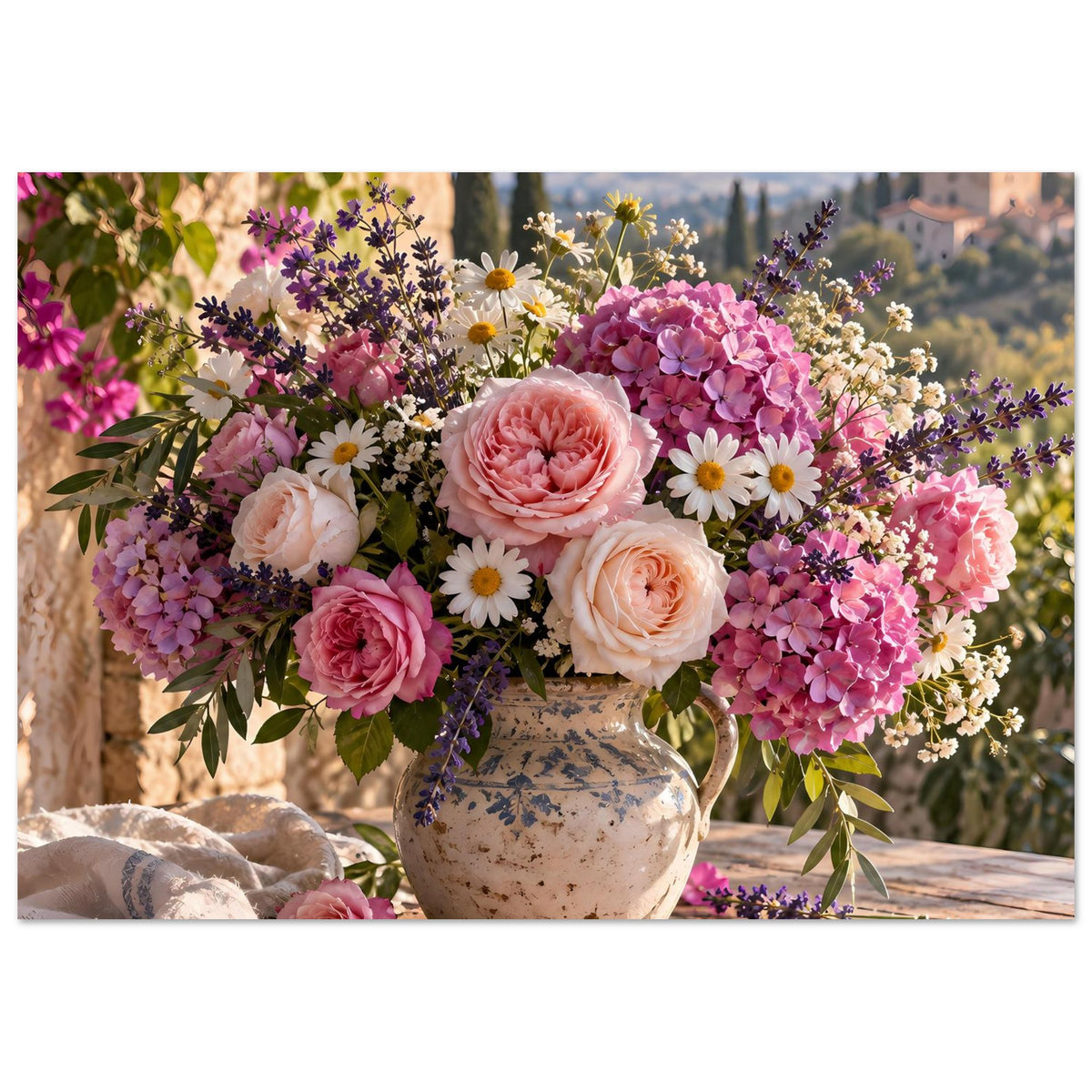 Blumenposter (querformat): Strauß in Vase, Pfingstrose im Zentrum, umgeben von Blumen