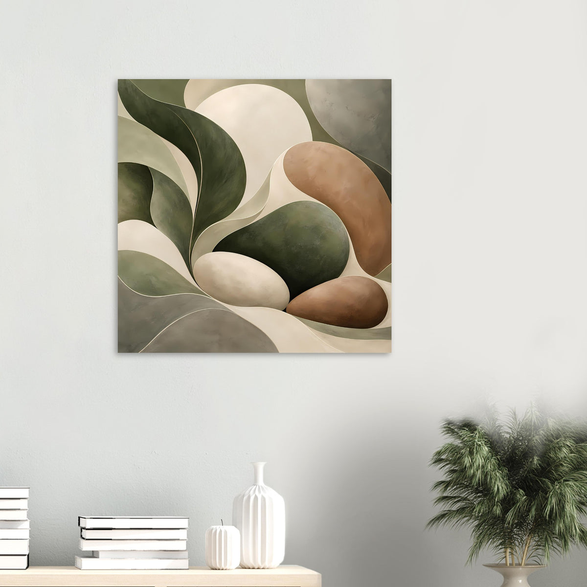 Abstraktes Poster im quadratischen Rahmen mit organischen Wellen in Grün, Beige, Braun