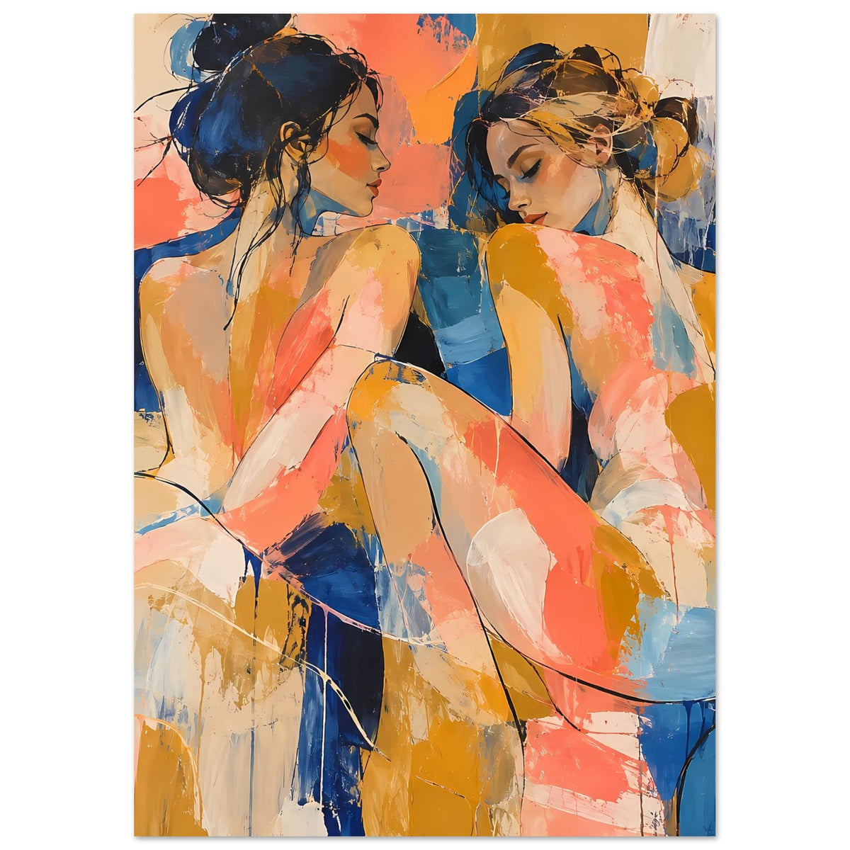 Abstraktes Kunstposter mit zwei Frauenfiguren, Blau- und Koralltönen, Hochformat