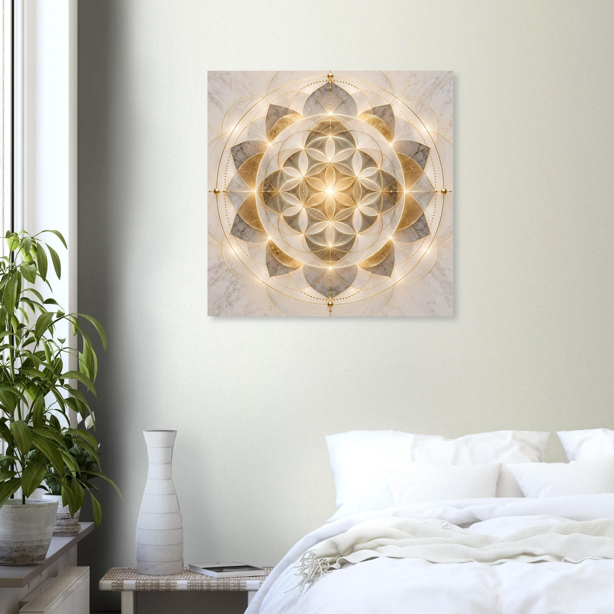 Mandala-Ornament-Poster mit goldenem Schimmer und geometrischem Blütenmotiv
