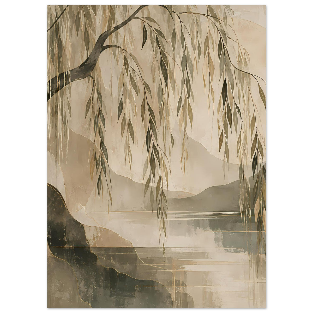 Kunstposter mit Trauerweide über Wasserlinie, beige-graue Erdtöne
