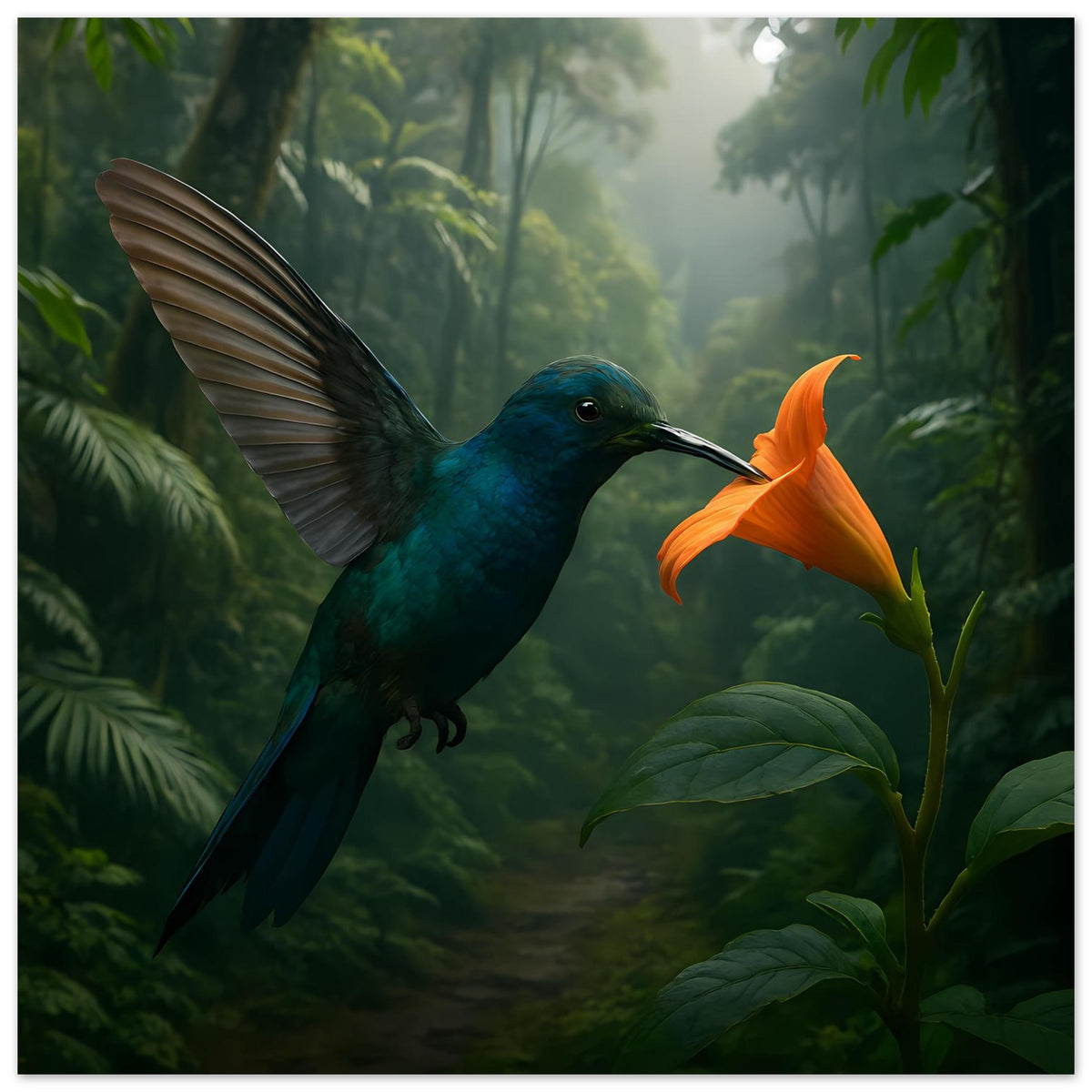 Poster mit blauem Kolibri im Vordergrund und orangefarbener Blüte im Dschungel