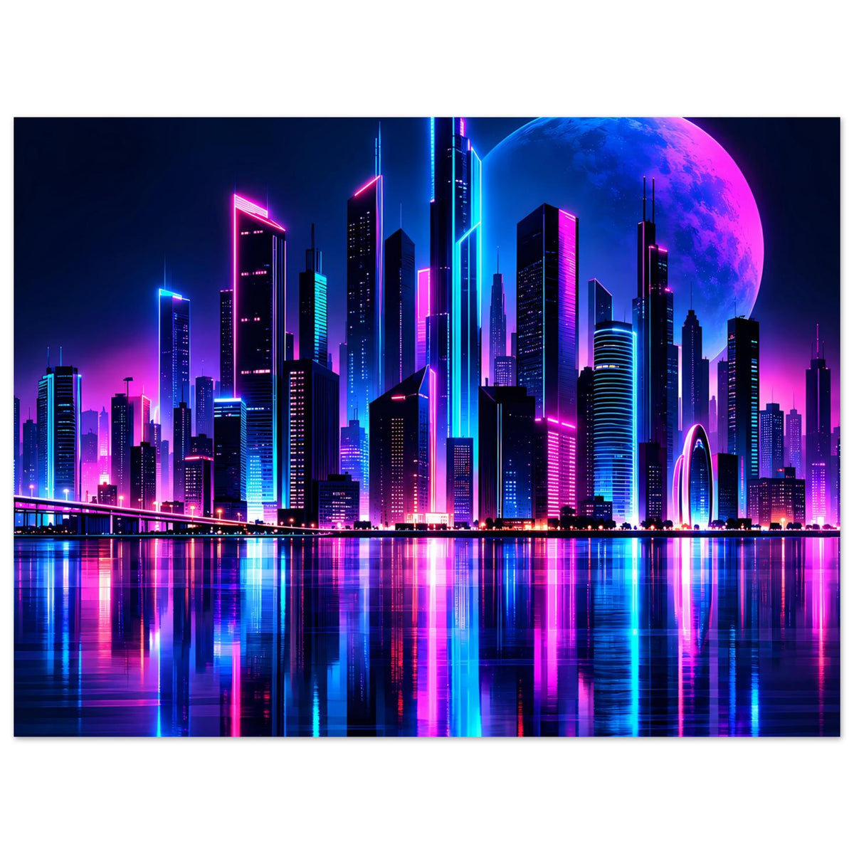 Neon-Stadtlandschaft Poster, horizontal: Hochhäuser, großer blauer Mond und reflektierendes Wasser