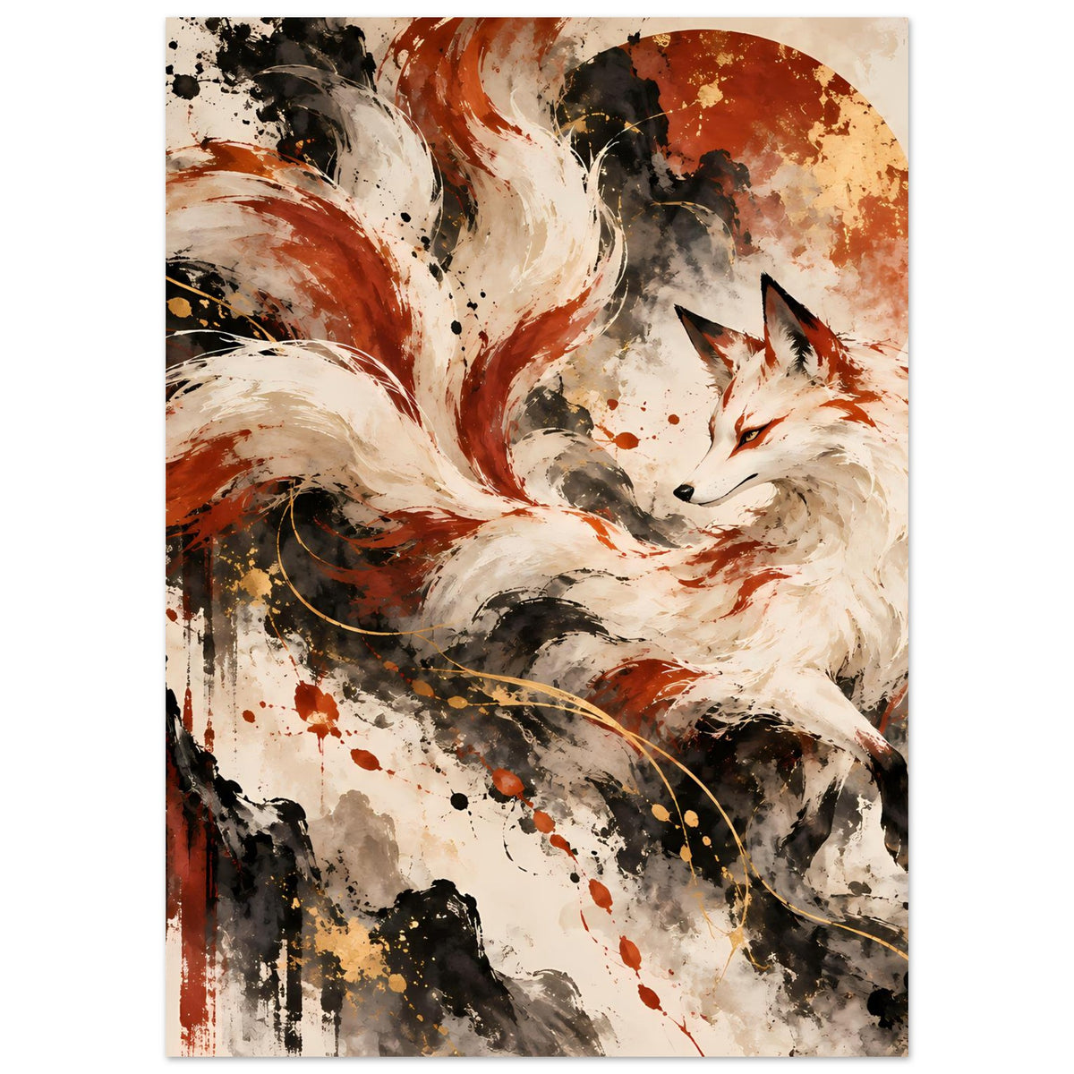 Fantasy-Fuchs-Poster mit neun Schweifen, weißes Fell, schwarze Ornamente und Farbspritzer