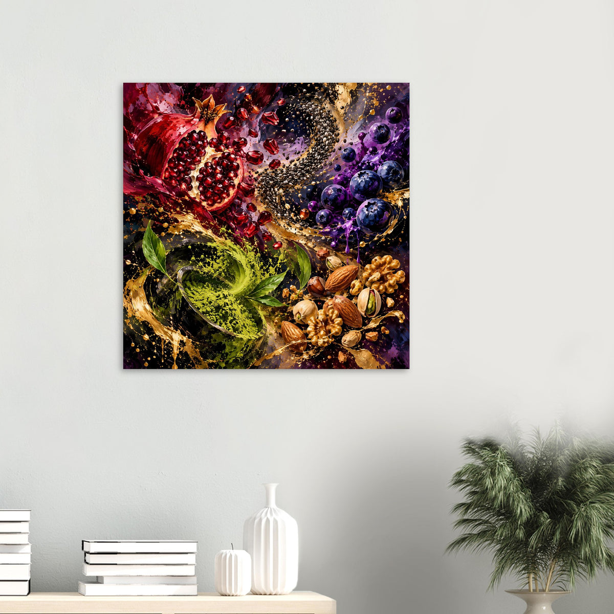Quadratisches Kunstdruck-Poster mit Fruchtmix aus Granatapfel, Beeren und Nüssen