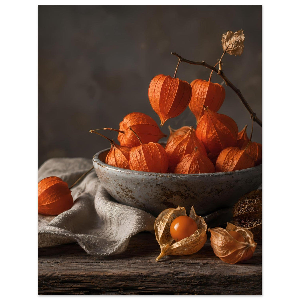 Herbstposter in Hochformat: orange Zierkürbisse in grauer Schale, Physalis und Tuchfalte