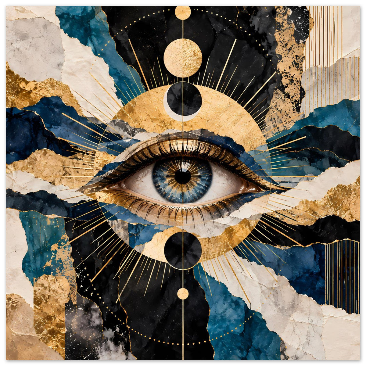 Kunstposter mit mystischem Auge, goldene Akzente, tiefblauer Hintergrund und abstrakte Linien