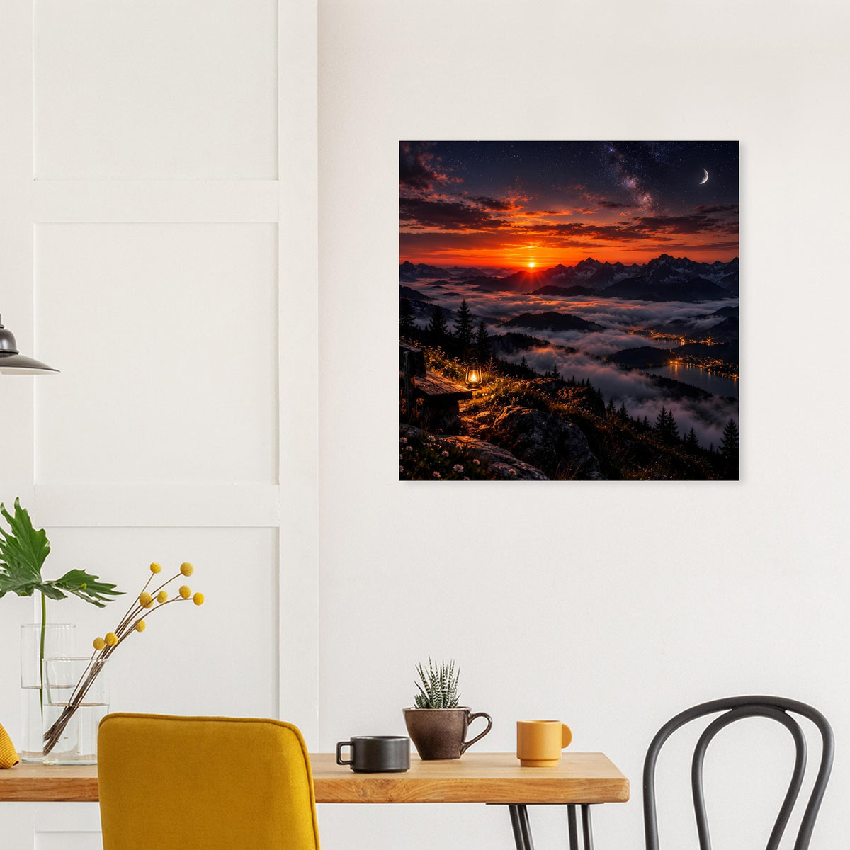 Landschaftsposter mit Sonnenuntergang über Bergen und einem beleuchteten Tal