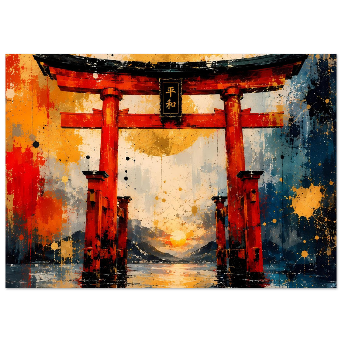 Torii-Tor Poster im Querformat: rote Säulen mit schwarzem Querbalken, orange-blaue Farbverläufe