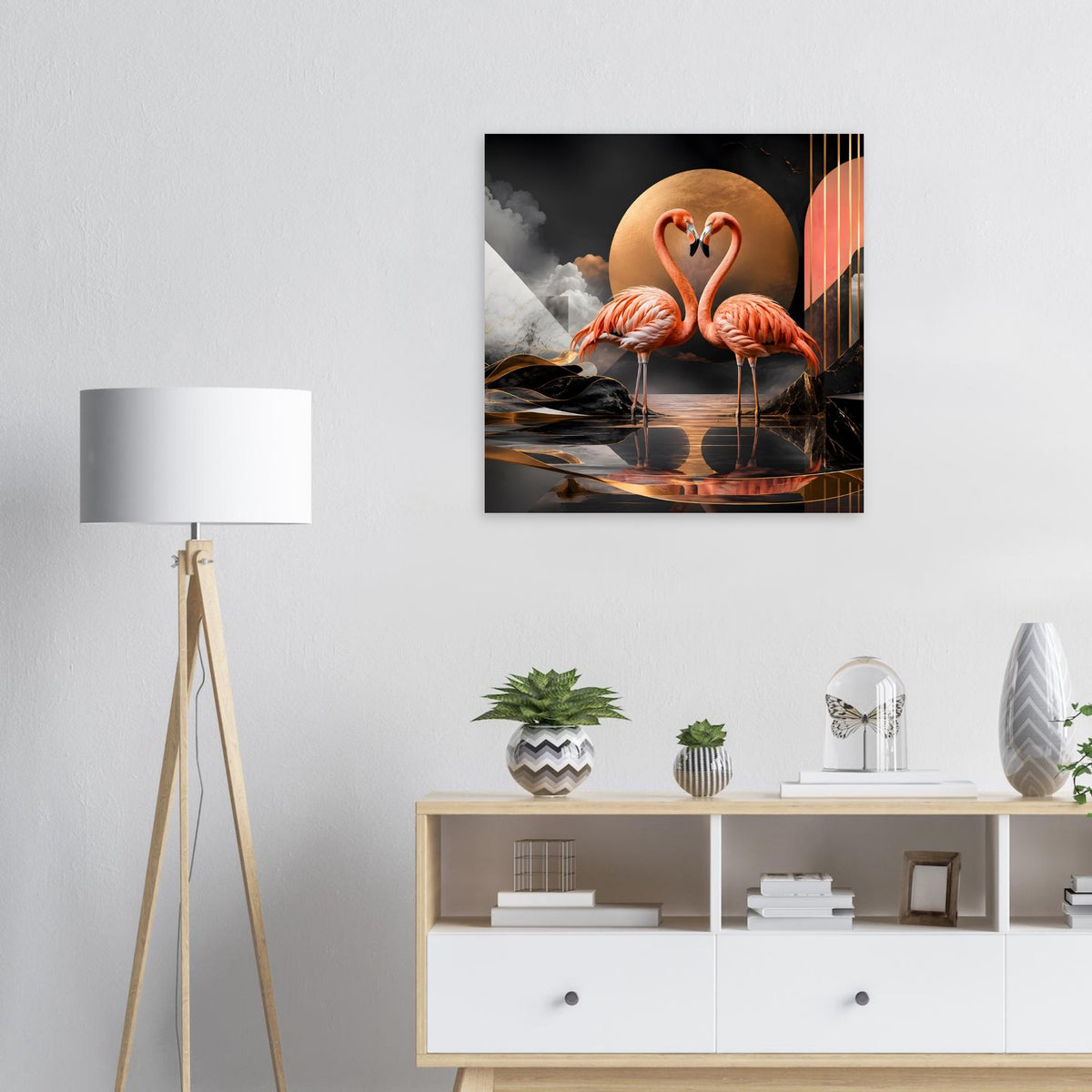 Quadratisches Flamingo-Kunstposter: zwei Flamingos mit Spiegelbild, goldene Kreisfläche
