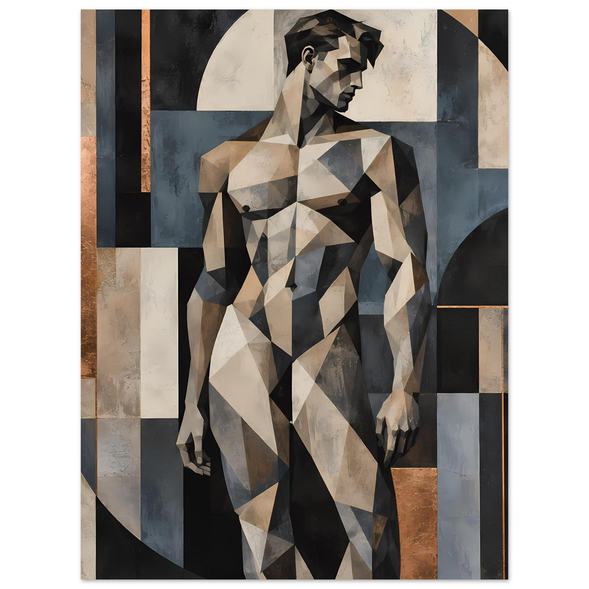 Kunstposter mit abstrakter Polygon-Figur, sitzend/gehend wirkend, in warmen Erdtönen